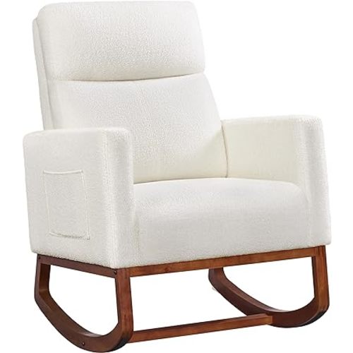 Yaheetech Boucle Living Room Chair, Modern Upholstered Rocking Accent Chair, Glider Chair Nursery Chair with Side Pocket and High Back Armchair for Living Room Bedroom Lounge, Ivory