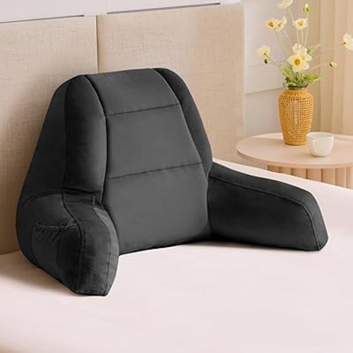 Reading Pillows for Sitting in Bed Adult, Back Pillow for Bed Sitting Up, Backrest Pillows with Shredded Foam for Adult&Teens, Support Pillow with Arms for Beds, Couch, Floor, 18in, Black