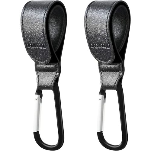 Stroller Hooks for Hanging, 2 PCS Durable Leather Style Stroller Clip Straps, Baby Stroller Hooks for Diaper Bags Grocery Shopping Bags, Mommy Hook for Stroller (Black)