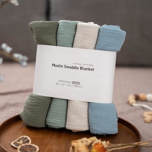 GLLQUEN BABY Muslin Swaddle Blankets for Boys and Girls, 4-Pack Baby Blankets for Girl Boy, Newborn Receiving Blanket, Baby Swaddle Blanket Unisex, Baby Essentials, Registry & Gift, 40 x 38 inches