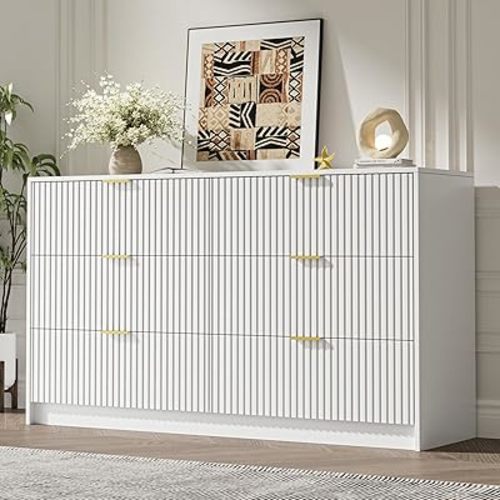 MAISONARIA White 6 Drawer Dresser for Bedroom, 55" Wide Modern Chest of Drawers with Gold Metal Handles, Fluted Wood TV Stand for Living Room, Hallway