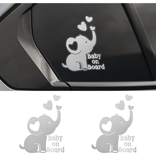 Baby on Board Elephant Car Sticker Decal, Cute Reflective Vinyl Auto Safety Warning Signs Decals Decoration, Waterproof Cars Stickers Accessories for Bumper Laptop Wall (2PCS Silver)