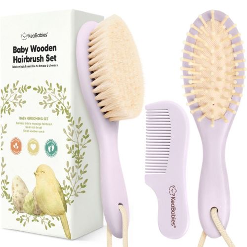 Baby Hair Brush and Comb Set, Oval Wooden Baby Brush Set for Newborns, Infant, Toddler Grooming Kit