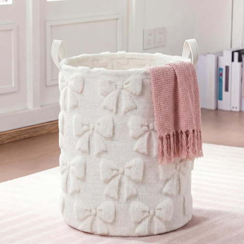 General White Bow Laundry Hamper Girls Room Decor Coquette White Bow Plush Faux Fur Basket Kids Large Storage Basket Collapsible Organize Bins for Gifts Toys Blanket Clothes Nursery Bedroom