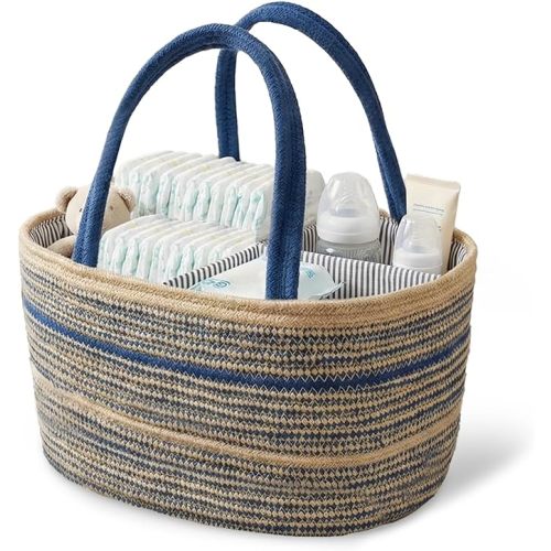 ZOES HOMEWARE Sapphire Blue Diaper Caddy Organizer, Jute Woven Baby Basket, Baby Caddy Nursery Storage Organizer, Shower Gifts for Newborn, Hand Woven Crafted (Brown&Blue),14.2"x 8.7"x7.1”