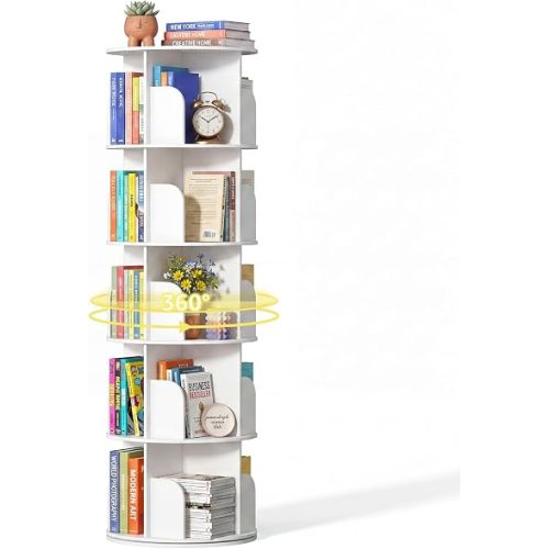 DUMOS 5 Tier Rotating Bookshelf Tower, Spinning Bookshelf for Small Space