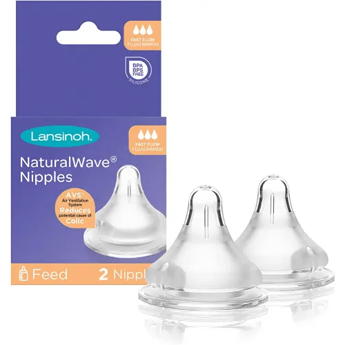 Lansinoh NaturalWave Baby Bottle Nipples, Fast Flow, Size L, Anti-Colic, 2 Count