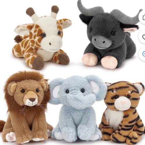 Muiteiur 5 Pieces Safari Stuffed Animals Jungle Animals Set Plush Toy(Giraffe/Tiger/Lion/Elephant/Cow)