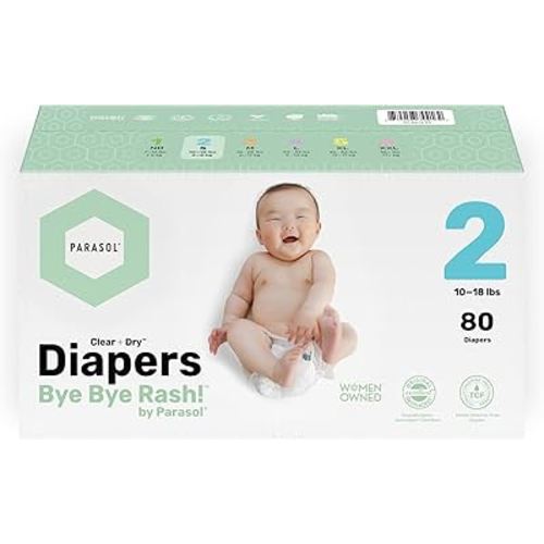 PARASOL Clear+Dry Disposable Diapers | RashShield Protection, Leakproof Design, Hypoallergenic Diaper Set | Size 2 (10-18 lbs.) 80 Count
