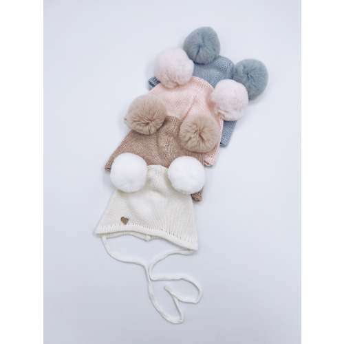 MI LOVES SIGNATURE Little Bear Angora Double pompom hat. C