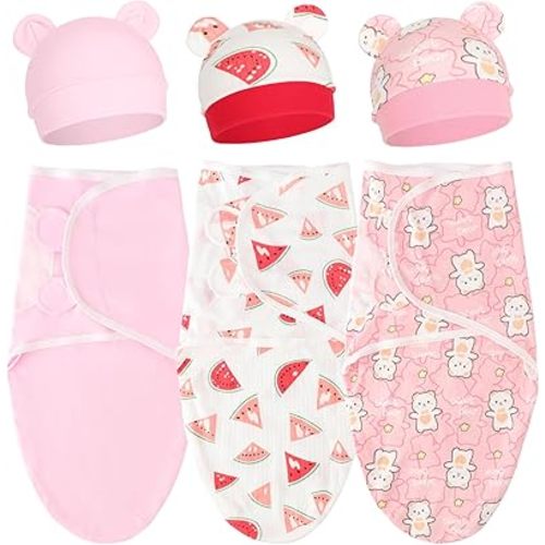 DRESHOW BQUBO 3 Pack Baby Swaddle Sleep Sacks Baby Swaddling Blanket Wrap Newborn Swaddle Sack with Bear Ears Hat for Boys Girls 6-12 Lbs Newborns & 0-3 Months Girls Boys