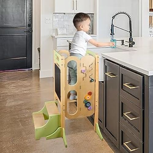 Foldable Toddler Tower with 3 Adjustable Height Step Stool, Easy Clean Toddler Kitchen Stool Helper, Montessori Learning Tower Stool for Toddlers with Chalkboard & Counting Beads