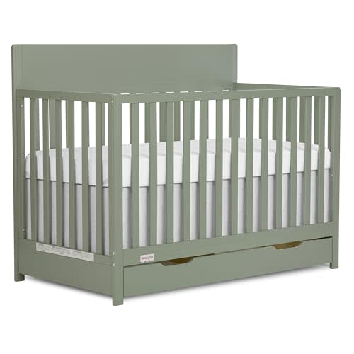 Fisher-Price Meadowbrook 4-in-1 Convertible Full Size Baby Crib with Drawer, Wooden Nursery Furniture, Converts to Toddler Bed with Guardrail, Daybed & Full-Size Bed, GGG & BSA Certified, Meadow Green
