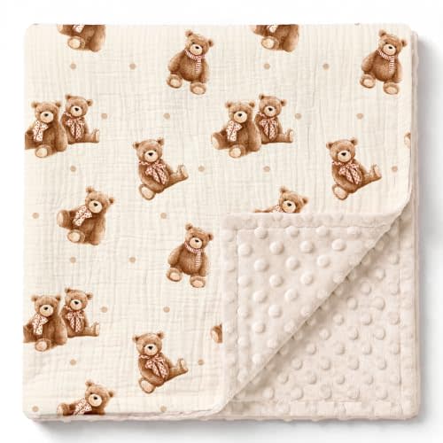 GLLQUEN BABY Muslin Baby Blankets for Boys & Girls, 2-Layer Toddler Blanket | Cotton Top with Dotted Fleece Back, Soft Receiving Blanket for Nursery Stroller Crib, 30''x40'', Bears