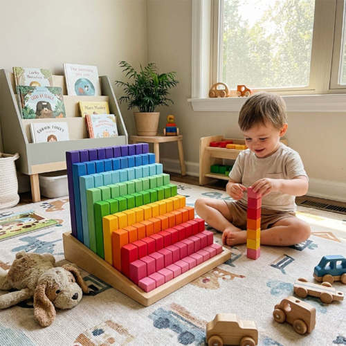 100 Pcs Wooden Prism Stair Block | Rainbow Counting Math Toy with Tray – Hicooo