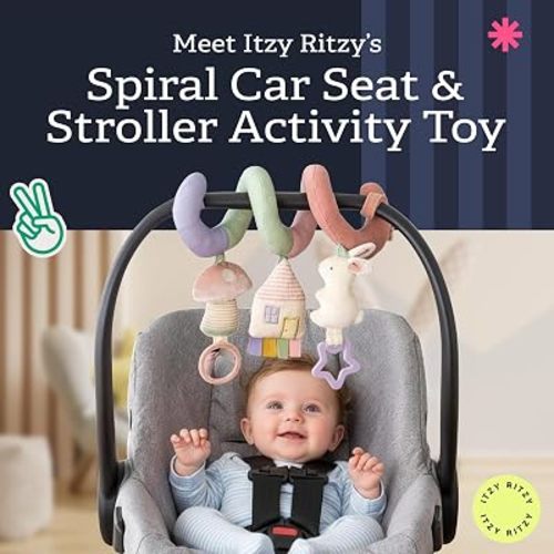 Itzy Ritzy Spiral Car Seat & Stroller Activity Toy - Stroller & Car Seat Toys for Ages 0 Months and Up - Hanging Toys Include Dangling Ring, Mirror and Textured Ribbons (Pastel Rainbow)