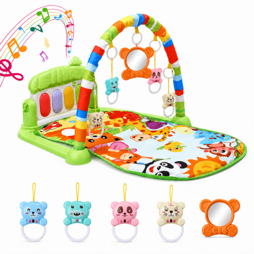 Lenbar Baby Play Mat Gym, Green Infant Activity Playmat with Hanging Toys, Soft Padded Tummy Time Mat for Newborn to Toddler, Foldable & Washable,