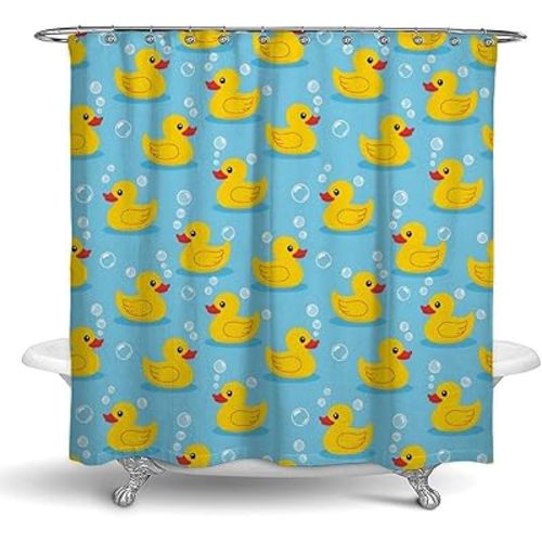 72×70 Inch Shower Curtain, Yellow Rubber Ducks Soap Bubbles Blue, Durable Weighted Hem Bath Curtains with Grommets for Home, Hotel, Dorm, Cute Bathroom Curtain