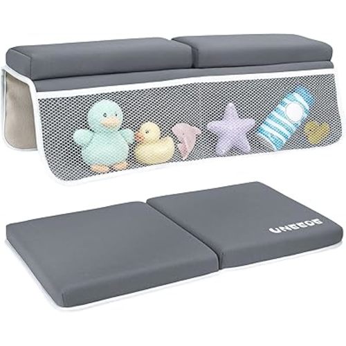 UNEEDE Baby Bath Kneeler and Elbow Rest Pad Set, Thick Memory Foam Bath Kneeling Pad with Elbow Support, Bathtub Mat with Toy Organizer for Bathing Infant or Toddler, Grey