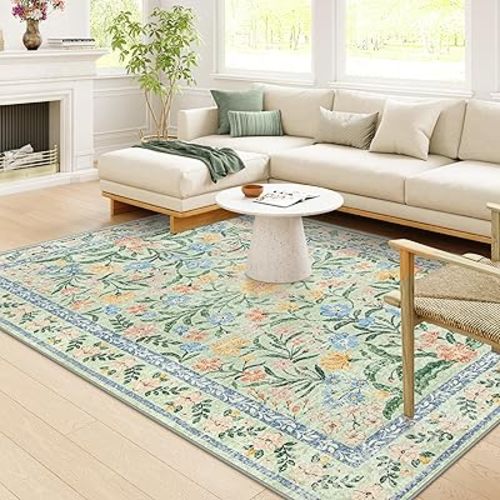 Wonnitar Boho Washable Rugs 8x10, Large Floral Rugs for Bedroom, 8 x 10 Soft Green Living Room Carpet, Non Slip Ultra-Thin Carpet for Kids Playroom Dorm Dining Room