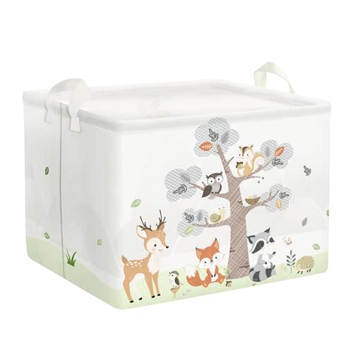 Clastyle 36L Large Woodland Animal Tree House Baby Basket Rectangle Deer Fox Squirrel Shelf Basket with Handle Collapsible Book Toy Clothes Towel Nursery Storage Basket