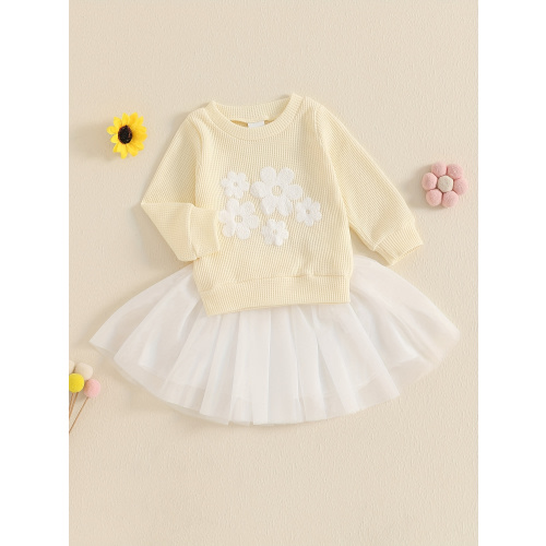 2-3T Toddler Girl Fall Outfits Flower Print Long Sleeve Waffle Sweatshirt and Layered Tulle Skirts 2pcs Clothes Set