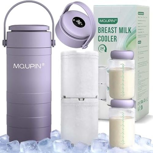 MQUPIN Portable Breast Milk Cooler, 20oz Breastmilk Chiller with LED Temp Display, 2pcs Baby Bottles, 360° Cooling for 24‑Hour Freshness, BPA‑Free Breastmilk Storage for Travel & Work (Purple)