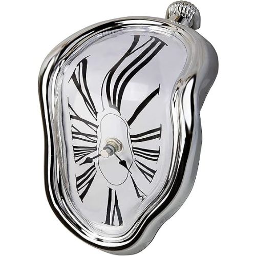 Melting Clock Dali Melted Clock Gift Decor Art Inspired Wall Clock Twisted Shelf Hanging Surrealist for Decorative Shop Office Home Desk Roman Silve…