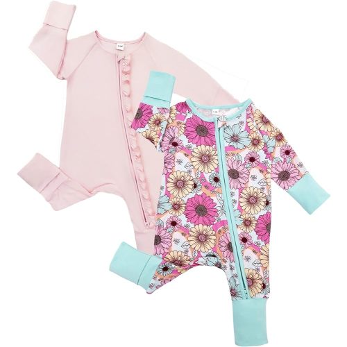 Bow Dream Baby Bamboo Rayon Romper Girl Footless Viscose Newborn Infant Footie Outfits Mitten Cuffs Toddler Boy Clothes Pink Big Flowers 3-6 Months