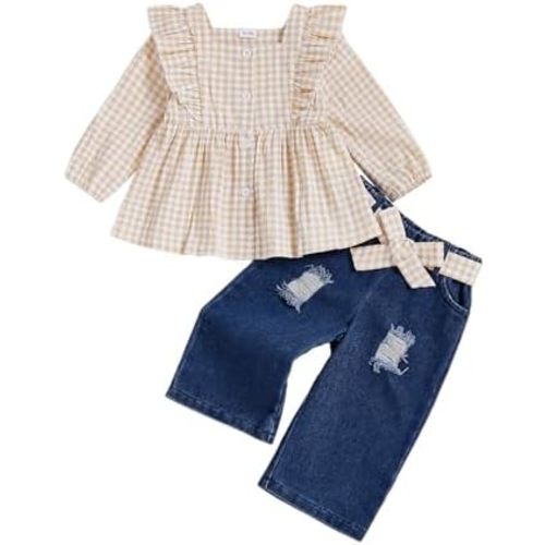 Jean Pants Set for Toddler Baby Girl Fall Two Piece Outfit Long Sleeve Ruffle Plaid Top Ripped Denim Trousers