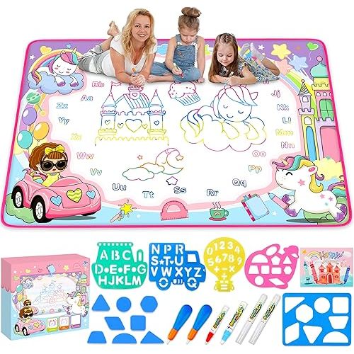 Water Doodle Mat- Kids Painting Writing Doodle Board Toy - Color Drawing Mat Bring Magic Pens Educational Toys for Age 3 4 5 6 7 8 9 10 Year Old Girls Boys Toddler Present