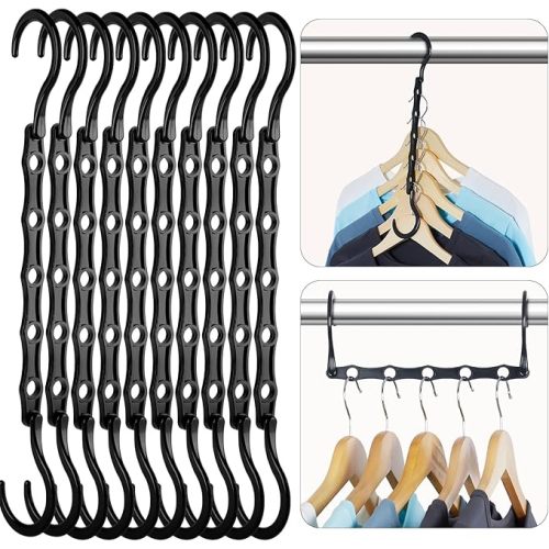 HOUSE DAY Black Magic Space Saving Hangers 10 Pack, Premium Smart Hanger Hooks, Sturdy Cascading Hangers with 5 Holes for Heavy Clothes, Closet Organizers and Storage, College Dorm Room Essentials