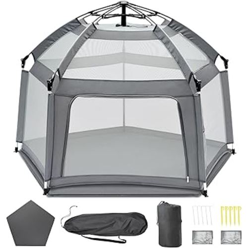 Baby Playpen with Self-Inflating Play Mat & Travel Bag, Portable Outdoor Playpen for Babies and Toddlers, Foldable Pop Up Play Tent for Home, Park, Beach and Camping (Grey)