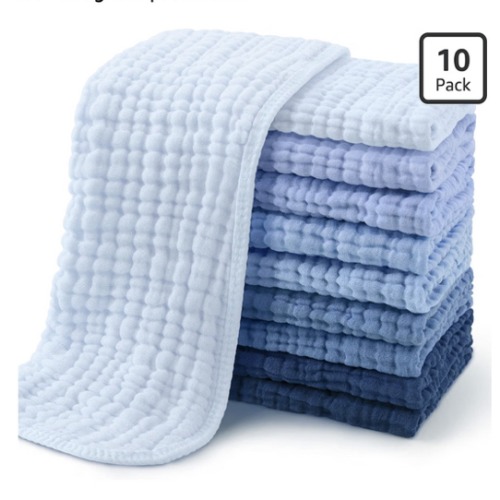 Yoofoss Muslin Burp Cloths for Baby 10 Pack 100% Cotton Baby Washcloths for Boys Girls Large 20''X10'' Super Soft and Absorbent Progressive Blue