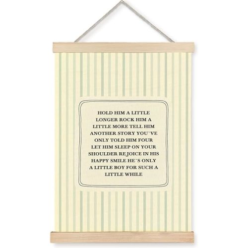 FOPENEM Boho Boy Nursery Wall Art Decor, Hold Him a Little Longer Soft Green Striped Nursery Wall Decor Poster Hanger Frame for Baby Toddler Little Boys Kids Bedroom Playroom, 12x16 Inches