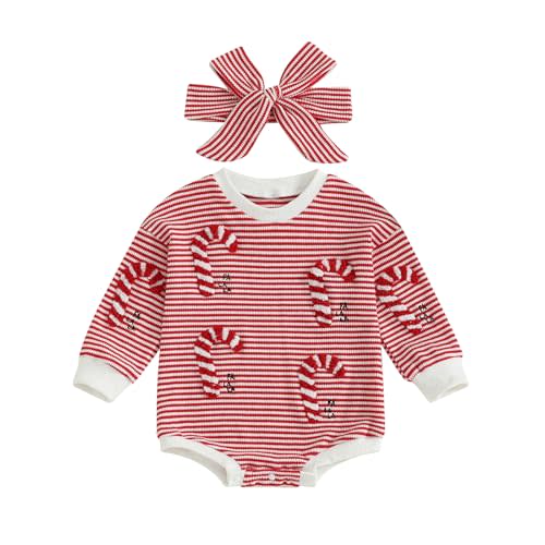 Newborn Infant Baby Girl Christmas Outfit Candy Cane Onesie Red Striped Romper Long Sleeve Bodysuit + Headband