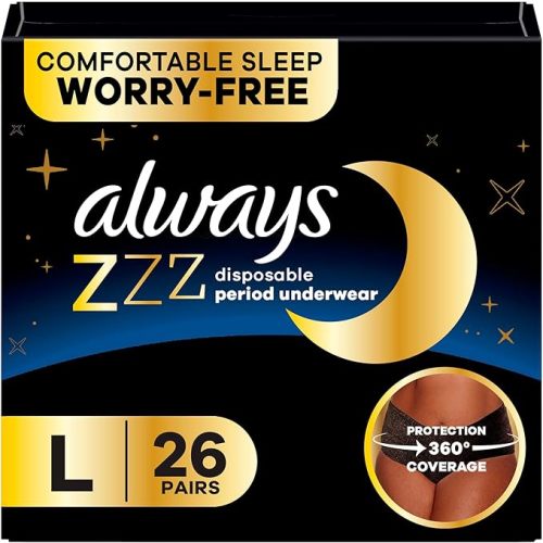 Always ZZZs Disposable Period Underwear, Size L, Absorbs 5X More Than an Ultra Thin Overnight Pad, Comfortable Sleep Worry-Free Nights 26 Count
