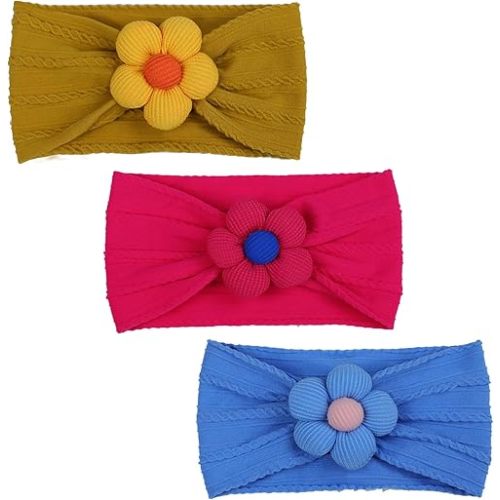 3 Pcs Baby Flower Headbands (Yellow Red Blue)