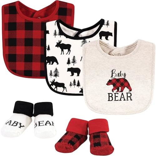 Hudson Baby Unisex Baby Cotton Bib and Sock Set, Baby Bear Plaid, One Size