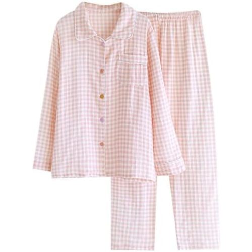 Women's Cotton Gauze Plaid Pajama Set Gingham Long Sleeve Sleepwear with Pants