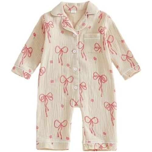 Baby Girl Pajamas Newborn Long Sleeve Bow Jumpsuit Romper Button Down Nightgown Cute Infant Baby Spring Sleepwear
