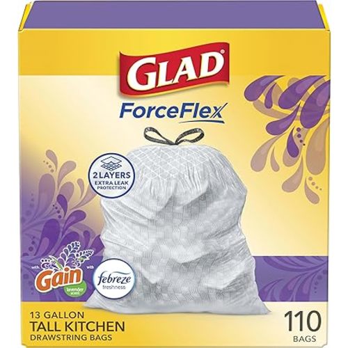 Glad ForceFlex Tall Kitchen Trash Bags, 13 Gallon, Gain Lavender, 110 Count (Package May Vary)