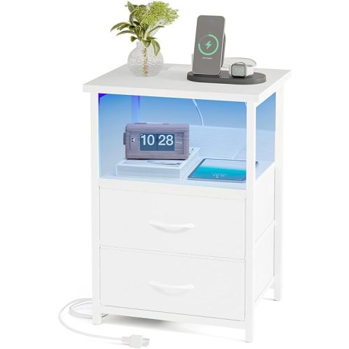 Fixwal Night Stand with Charging Station, LED Nightstand with U-S-B Ports and Outlets, 2 Fabric Storage Drawers with PU Finish, Bed Side Table, White