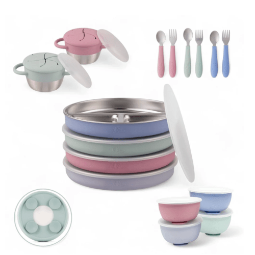 Stainless Steel Mealtime Bundle | Sucton Sleeves | Plates, Bowls, Snack Cups + Toddler Utensils | 16 Pcs | Blush/Lilac/Sage/MistyBlue
