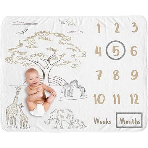 Sweet Jojo Designs Jungle Safari Animals Boy Girl Milestone Blanket Monthly Newborn First Year Growth Mat Baby Shower Memory Gift Picture Taupe Black White Gender Neutral Elephant Wildlife Adventure