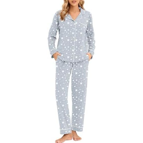 LUBOT 100% Cotton Pajamas for Women PJ Set Soft Button-Down 2 Piece Set Knitted Long Sleeve Sleepwear Loungewear XS-XXL
