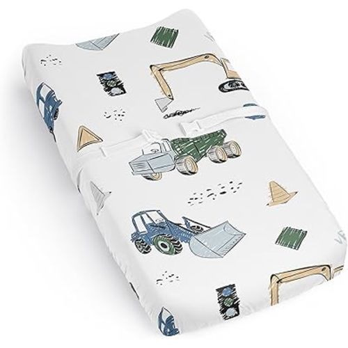 Sweet Jojo Designs Baby Changing Pad Cover Sheet (Construction Truck) for Boys, Infant/Newborn Diaper Change Table Mat Covers (Green and Blue, Transportation Zone, Vehicles, Bulldozer, Tractor, Crane)