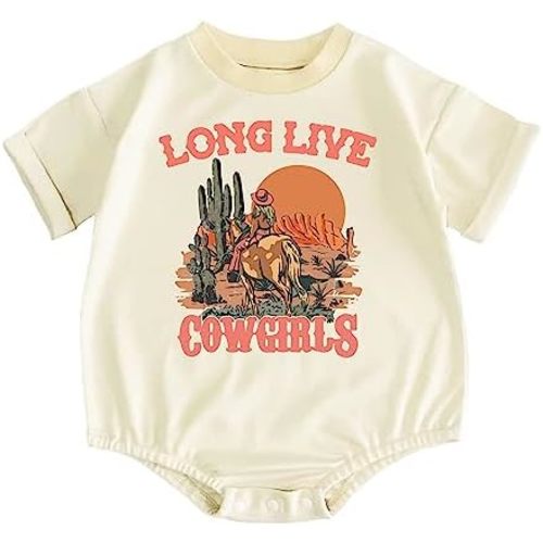 Baby Girl Western Bubble Romper Western Girls Live Letter Print One-Piece Vintage Bodysuit Jumpsuit