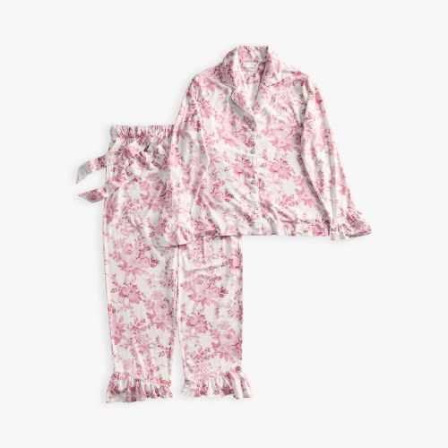 LoveShackFancy Damask Ruffle Long Bamboo Viscose Pajama Set