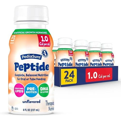 PediaSure Peptide 1.0 Cal, Peptide-Based Formula, Complete, Balanced Nutrition for Oral or Tube Feeding, Unflavored, 8-fl-oz Bottle, Pack of 24